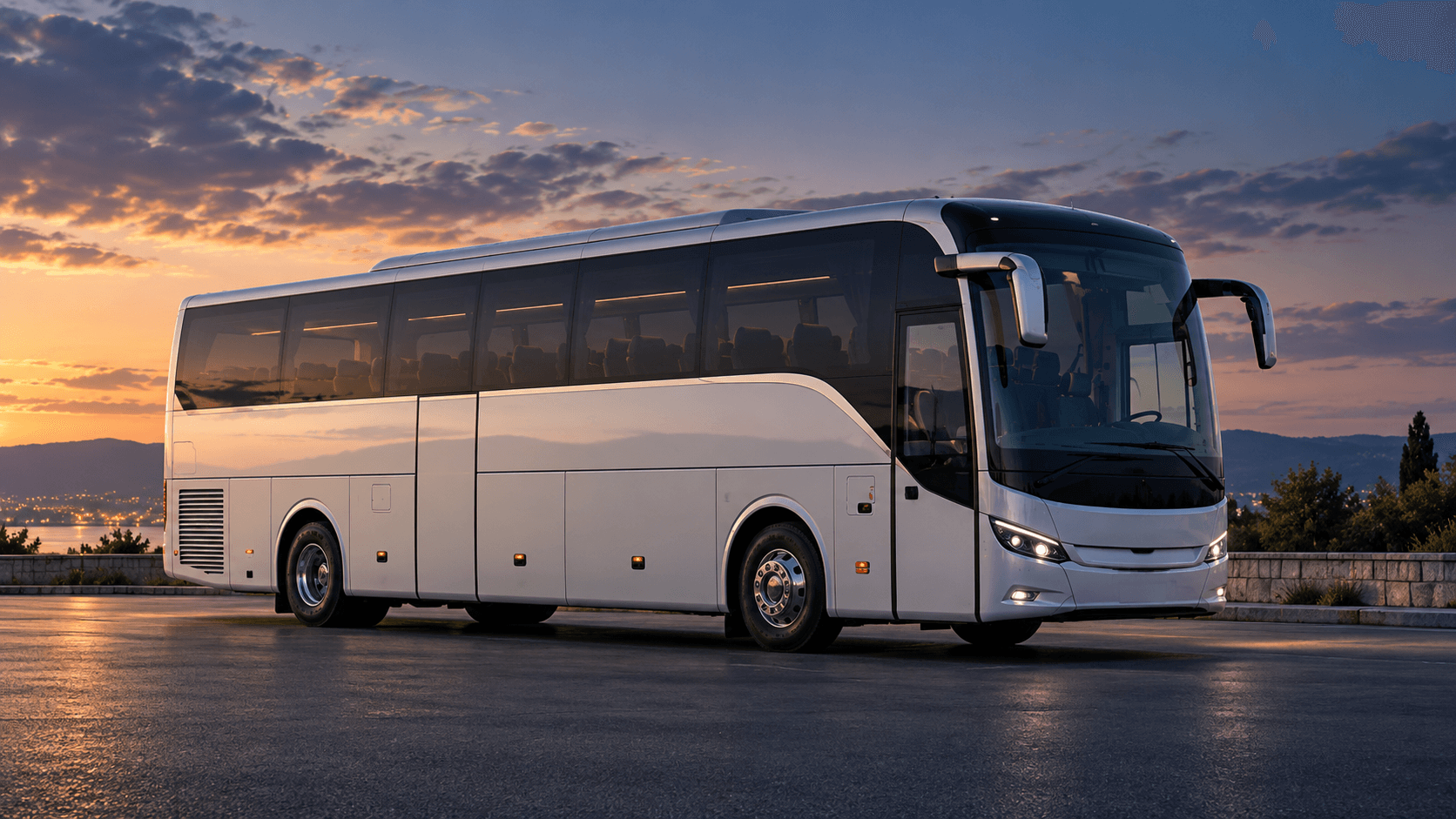 Autocar de grand tourisme, vu de trois quarts avant.