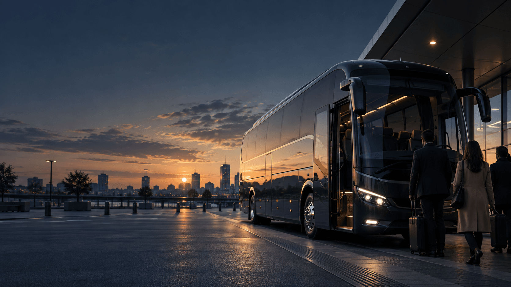 Autocar de grand tourisme à quai au crépuscule, passagers embarquant avec leurs bagages.
